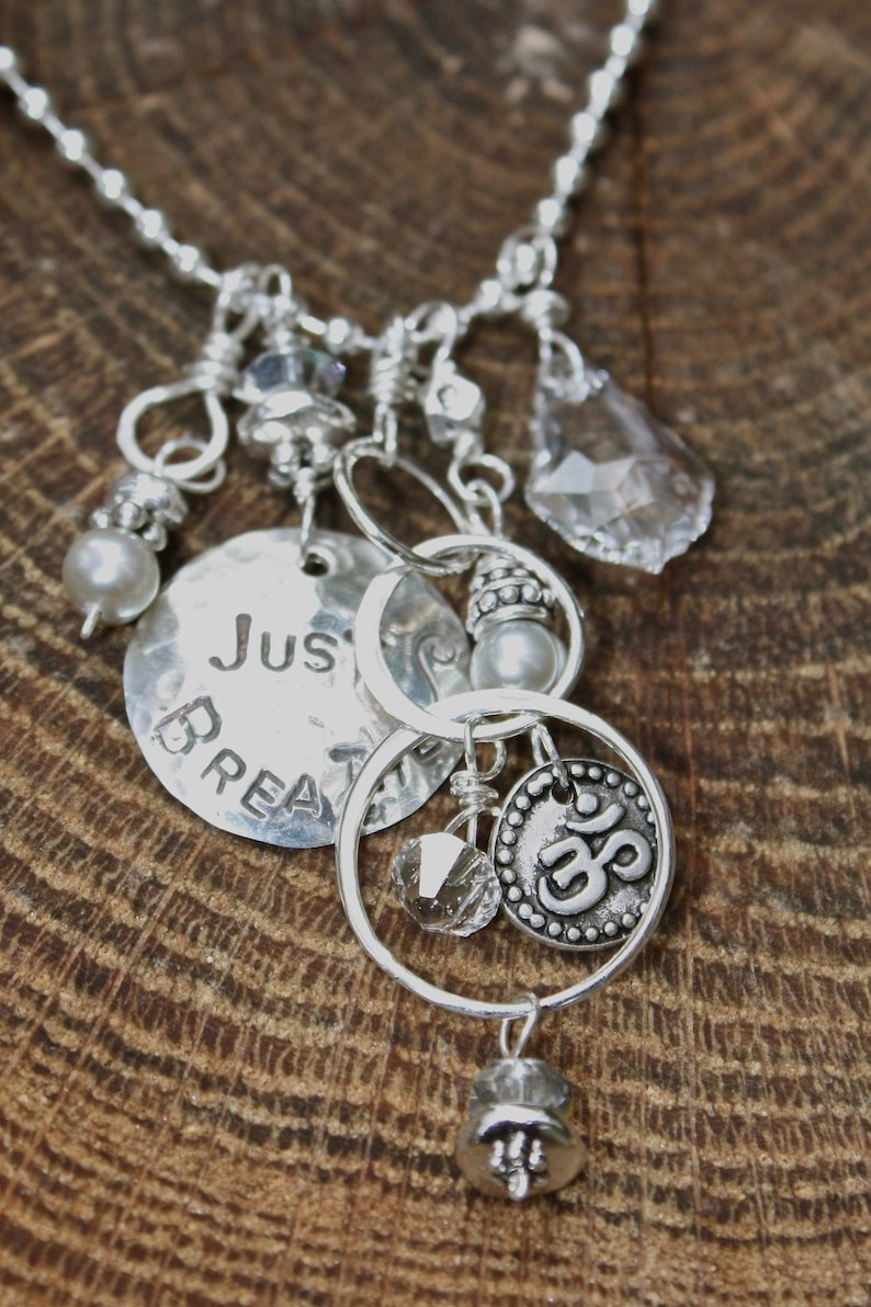 Hand Hammered Hand Stamped Just Breathe Symbolic Necklace with Loops and Om Charm Peace and unity Made with positive energy image 1