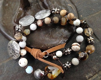 Double Wrap Leather Cord Bracelet Knotted with Semi Precious Stones and Beads - Button clasp - mermaid tears - made with positive energy