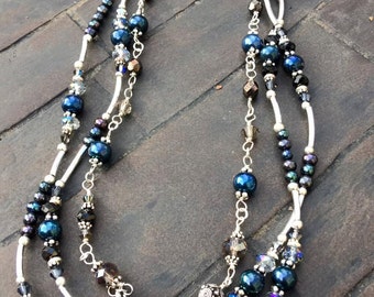 Midnight Skies Triple Strand Necklace~Two Strands Liquid Silver,One of Hand-Linked Czech Beads & Crystals. Bold funky energy mermaid jewelry