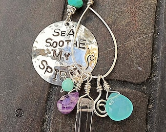 Sea Soothe My Spirit Hand Stamped Necklace w Healing Stones & Natural Raw Clear Crystal Point, Amethyst Briolette - Beachy Mermaid Jewelry