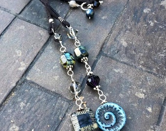 Black Sea Lariat Made of Suede with Spiral, Sterling Silver Wrapped Semiprecious Stones, Freshwater Pearls, Czech Glass- Mermaid Jewelry