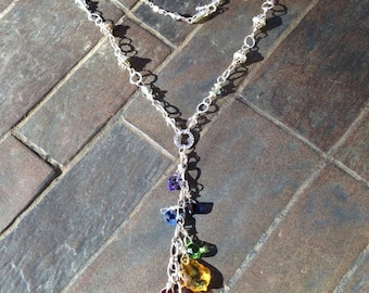 Crystal Chakra Tassel Necklace - Sterling Silver Handmade Wire Wrap Boho Style - Yoga Jewelry - Balance Energy - Spiral Charm Rainbow Colors