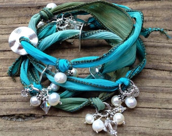 Sea Spray Teal & Aqua Ribbon Wrist Wrap Bracelet /Necklace - adorn with crystals and gemstones