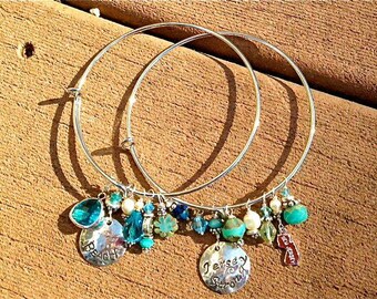 Jersey Strong Beach Bangles Bracelets Sea Blue Beads and Pearls / Mermaid Style Aqua crystals