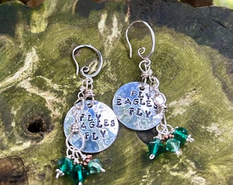 Hand Stamped Eagles Earrings – Silver Discs with Green Czech Glass Beads