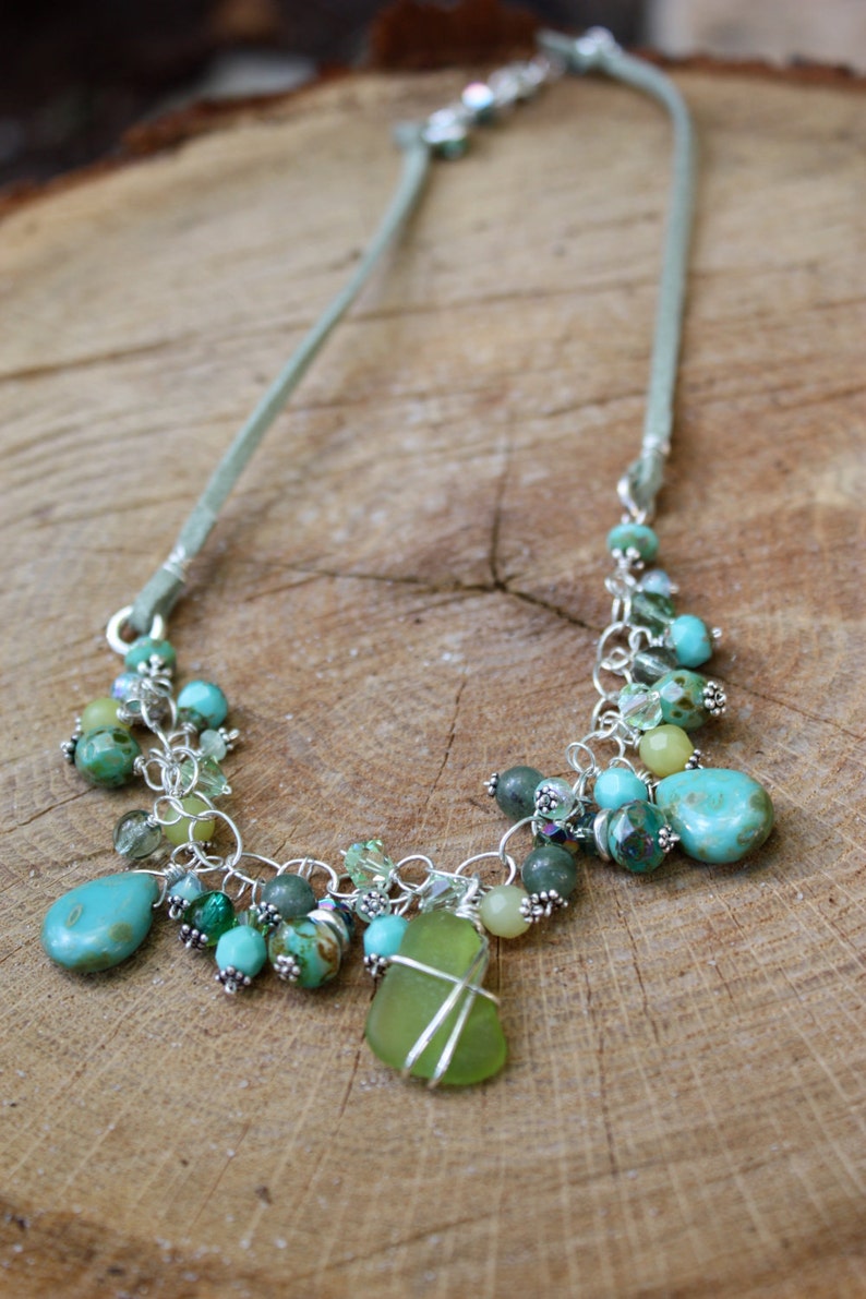 Funky Sea Glass and Turquoise and Jade Tasseled Necklace - Etsy