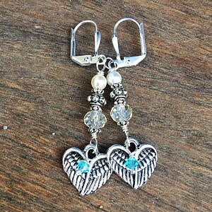 Mermaid Memorial Earrings in honor of someone who passed away. Featuring angel wing/heart charms & birthstones grief loss image 2