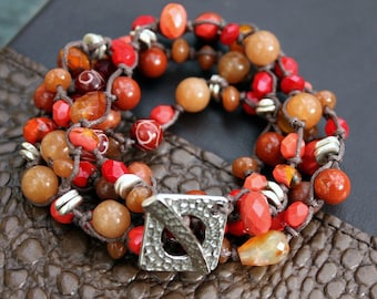 Beaded Wrap-Around Bracelet / Necklace in Reds and Corals Versatile and cool