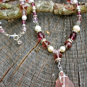 Love Pink & Burgundy Beaded Necklace with Authentic Sea Glass Pendant - Promotes love energy - mermaid tears - Pearls - Semi precious stones