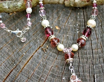 Love Pink & Burgundy Beaded Necklace with Authentic Sea Glass Pendant - Promotes love energy - mermaid tears - Pearls - Semi precious stones