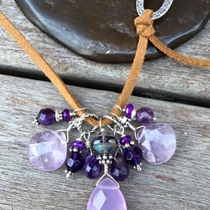 Amethyst Rocks Hand Linked Sterling Silver Wire Suede and Leather Necklace w Celestial Czech Glass & Swarovski Crystals - Mermaid Jewelry