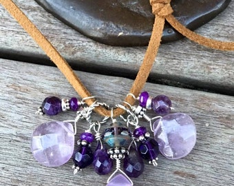 Amethyst Rocks Hand Linked Sterling Silver Wire Suede and Leather Necklace w Celestial Czech Glass & Swarovski Crystals - Mermaid Jewelry