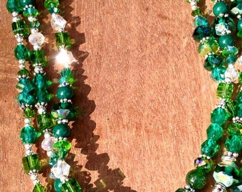 Trio of Green Triple Strand Beaded Necklace