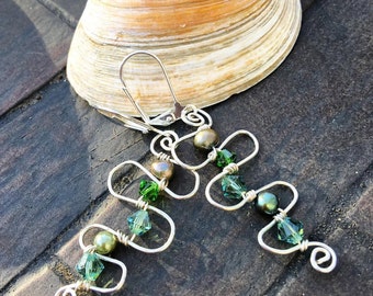 Sparkling Crystal and Green Freshwater Pearl Serpentine Handwoven Sterling SIlver Snaking Wire Spiral Earrings