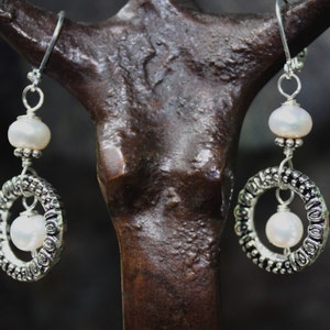 Handmade White Pearl Hoop Earrings Classic Beach Style Jewelry Sterling Silver Wire Wrapped image 2