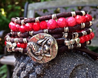 Coral Sea Siren Double Wrap Bracelet with silver Mermaid Button Closure-sterling silver & leather cuff style