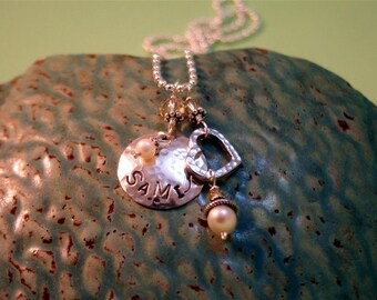 Hand-Stamped Mommy Charm Necklace with Child's Name and Hammered Silver Heart- Handmade Sterling silver - Custom Designed