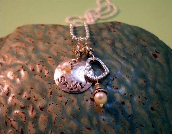 Hand-stamped Mommy Charm Necklace With Child's Name and Hammered