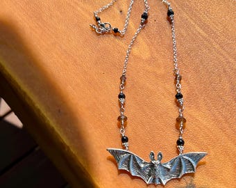 Bat Necklace - mixed metals with black and gold beads fun for Halloween