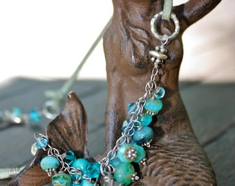 Aqua Jetty Authentic Sea Glass Necklace with a Cluster of Sparkling Beads & Semiprecious stones-Made w suede cord,positive energy of the sea