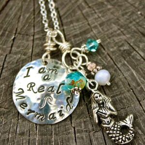 I Am a Real Mermaid Necklace / Hand Stamped Sterling Silver with Mermaid Charm/ Beach Lover image 3