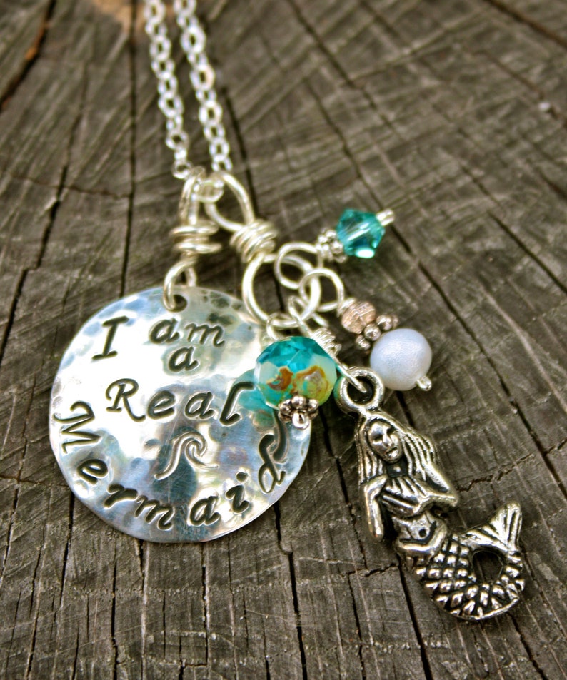 I Am a Real Mermaid Necklace / Hand Stamped Sterling Silver with Mermaid Charm/ Beach Lover image 3