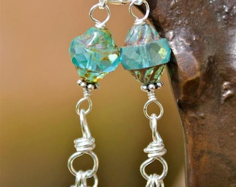 Aqua Comet Pressed Czech Glass, Swarovski Crystal & Sterling Wire Earrings ~ Celestial earrings with funky mermaid style - Positive energy