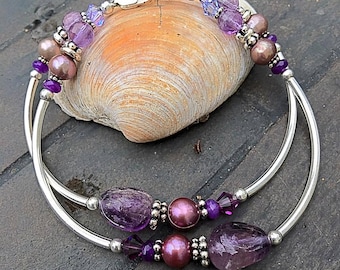 Raw Natural Amethyst Chunk Liquid Silver Double Strand Bangle w Swarovski Crystals, Lavender Pearls-Funky bohemian positive energy, earthy