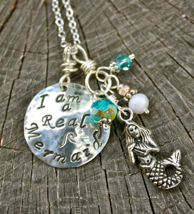 I Am a Real Mermaid Necklace / Hand Stamped Sterling Silver with Mermaid Charm/ Beach Lover image 1