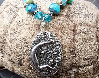 Siren Hand-Knotted Silk Beachy Necklace w Handstamped Captivating Sea J Couste Quote Made with Positive Energy of the Sea and Mermaid Tears~