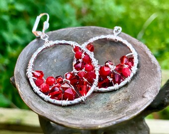 Red Crystal Hoop Earrings: Sterling Silver Wire-Wrapped, Boho Mermaid Style