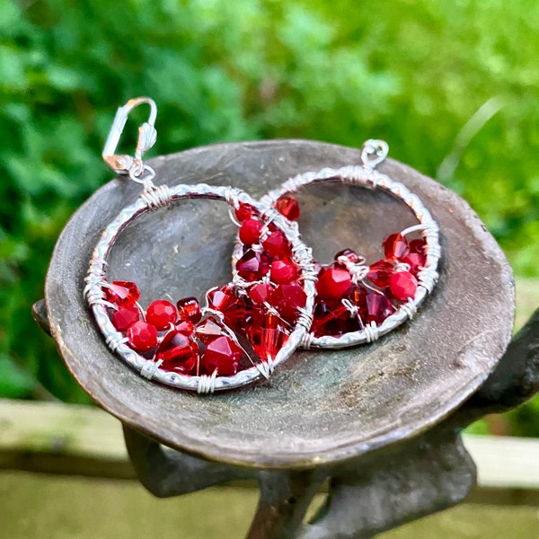 Red Finger Crocheted Hoop Earrings - Handmade Sterling Silver Wire-Wrapped Swarovski Crystal - Boho mermaid beach style - Unique