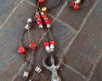Fire Goddess Rustic Hand-Knotted Long Necklace in coral reds - Funky boho mermaid style