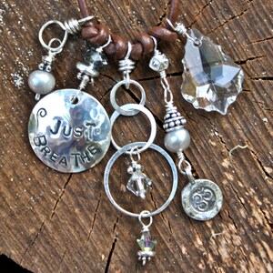 Hand Hammered Hand Stamped Just Breathe Symbolic Necklace with Loops and Om Charm Peace and unity Made with positive energy image 2