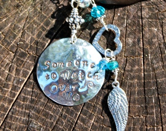 Memorial Necklace-Someone to Watch Over Me Hand Stamped Sterling Silver with Angel Wing Charm and birthstone