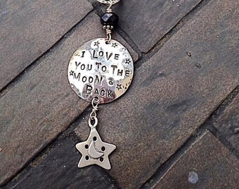 I Love You to the Moon & Back Hand Stamped Beaded Charm Necklace in Black/Beach BlueGreen with Double Angel Wing/Heart/Star Charm Mermaid