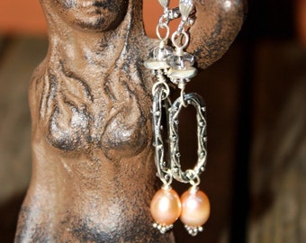 Peach Pearl and Grey Crystal Dangle Earrings