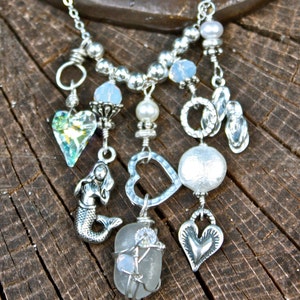 Sea of Love Charmed Necklace with Authentic Sea Glass & Sterling Silver Beach Charms / Mermaid tears / seaglass /