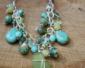 Funky Sea Glass and Turquoise and Jade Tasseled Necklace