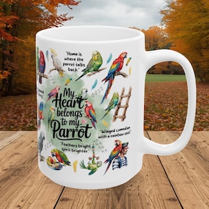 May include: White ceramic mug with parrot illustrations and the text "My Heart belongs to my Parrot." The mug also features the phrases "Home is where the parrot talks back" and "Feathers bright, spirit brighter."