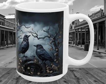 Gothic Crow Coffee Mug, Gothic Raven Mug, Halloween Mug, Murder of Crows Mug, Crow Lover Gift, Macabre Coffee Cup, Witchy Crow Gift