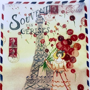 LETRAS DE PARÍS: Torre Eiffel de París Cerezas rojas Carta única, tamaño carta A4 Enviado por correo desde Francia doblado a través de la French Poste