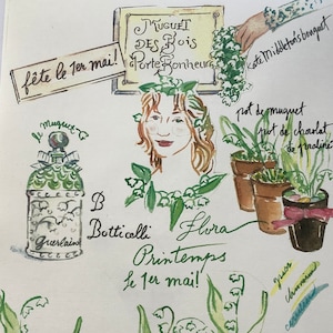 Carta de París con diseño de lirio de los valles, Muguet, Día de la Madre, carta individual ilustrada, recuerdos de París, tamaño A4, se envía plegada.