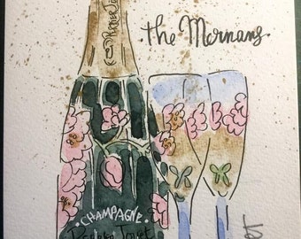 Large Personalized Champagne bottle OF YOUR CHOICE, watercolor with your name or another's on it, in Large size