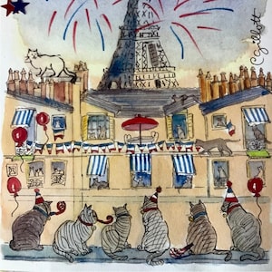 Torre Eiffel Día de la Bastilla con gatos franceses Carta individual, tamaño A4 Enviada desde París, doblada, Paris Fun en un sobre (JULIO)