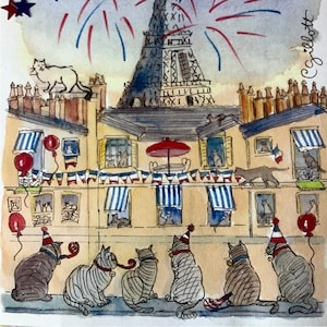 Eiffel Tower Bastille Day with French cats Single letter, size A4 Mailed from Paris, folded, Paris Fun in an envelope