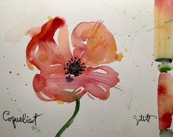 Red poppy, Coquelicot, original watercolor, Flower painting, artwork, Size: 6”x 9”, shipped with tracking