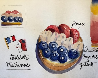 French Bastille Day dessert painting, original artwork, watercolor medium, Size: 6” x 8”, shipped from Paris