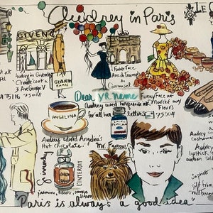 Audrey Hepburn print, in Paris, illustrated Audrey map, personalized, mailed from Paris, Breakfast at Tiffanys, A4 image 1