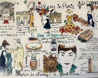 Audrey Hepburn print,  in Paris, illustrated Audrey map, personalized, mailed from Paris, Breakfast at Tiffany’s, A4